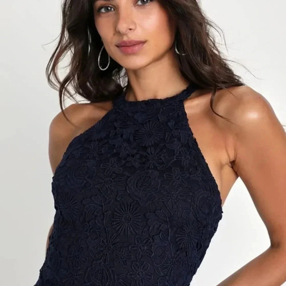 Lulus Women’s Navy Blue Love Poem Lace Halter Tank Mini Dress Small - Picture 3 of 14